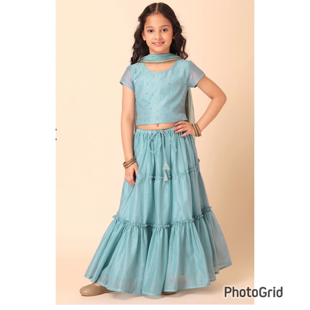 Pastel Blue Tiered Lehenga With Blouse And Dupatta (Set of 3)